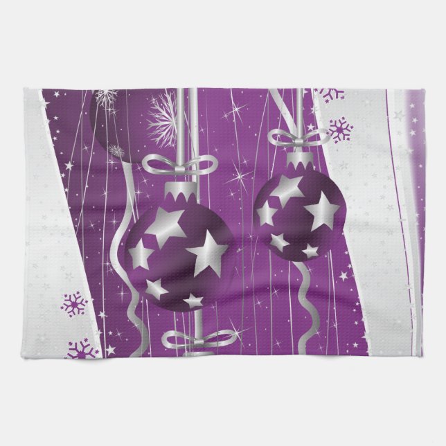 Purple, grey Christmas balls stars and snowflakes Tea Towel (Horizontal)