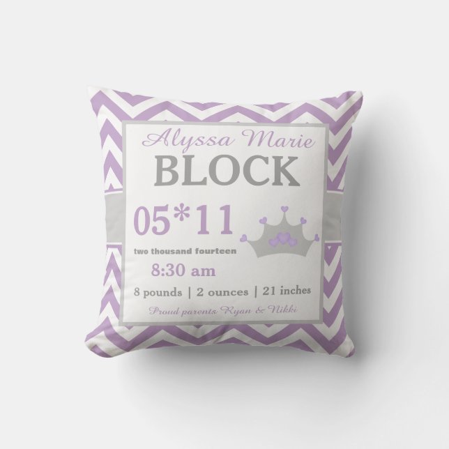 Purple Grey Crown Baby Announcement Pillow (Front)