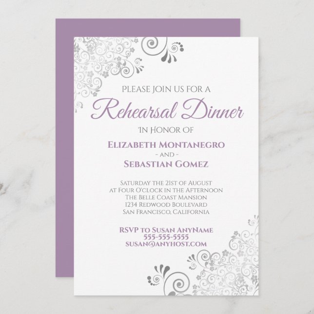 Purple & Grey Curls Wedding Rehearsal Dinner Invitation (Front/Back)