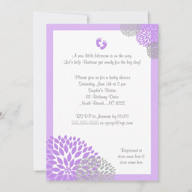 Purple Grey Dahlia Baby Shower Invite with feet (Front)