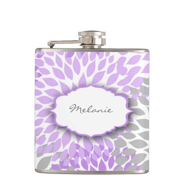 Purple Grey Dahlia custom liquor flask with name (Front)