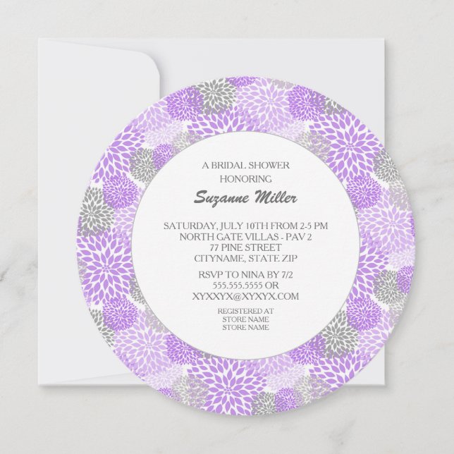 Purple Grey Dahlia Round BRIDAL SHOWER INVITE (Front)