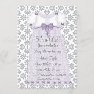 Purple Grey Damask Baby Girl Shower Invitation