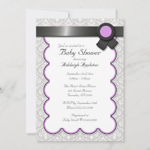 Purple & Grey Damask Baby Shower Invitations