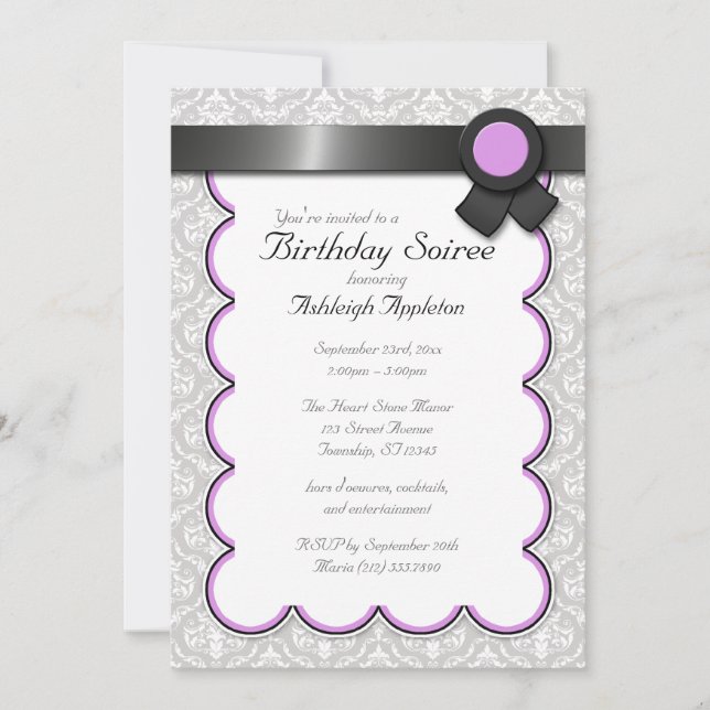 Purple & Grey Damask Birthday Soiree Invitations (Front)