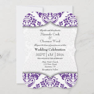Purple Grey Damask Bracket Wedding Invite