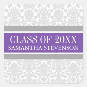 Purple Grey Damask Graduation Custom Year Name Square Sticker