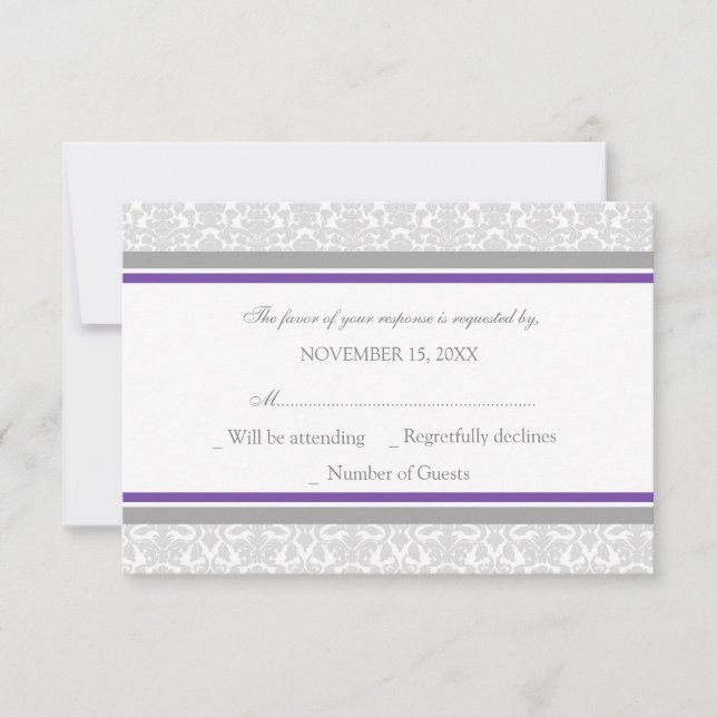 Purple Grey Damask RSVP Wedding Card (Front)
