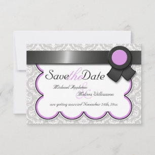 Purple & Grey Damask Save the Date Announcements