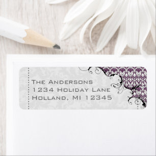 Purple & Grey Damask Swirled Return Address Label