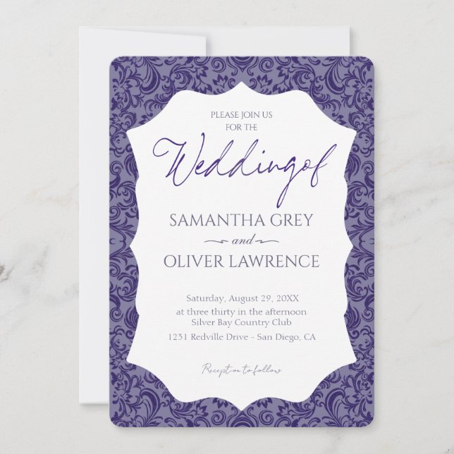Purple Grey Damask Wedding Invitation (Front)
