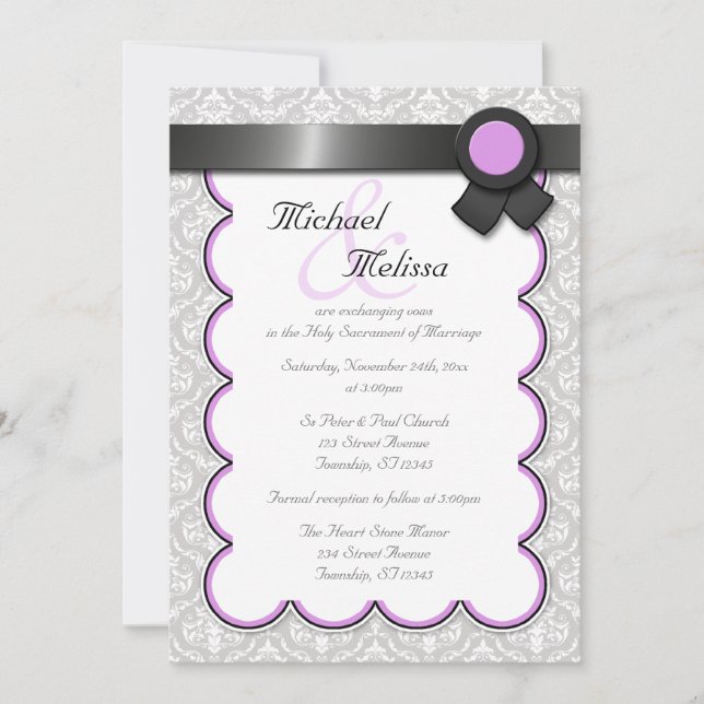 Purple & Grey Damask Wedding Invitations (Front)