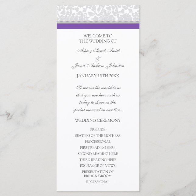 Purple Grey Damask Wedding Program (Front)
