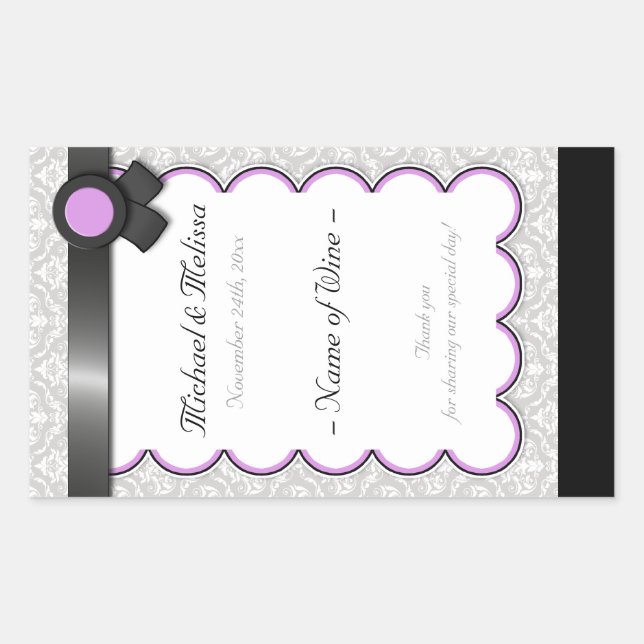Purple & Grey Damask Wedding Wine Bottle Labels (Front)