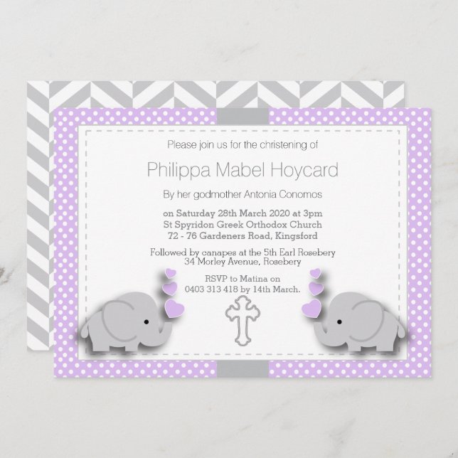 Purple & Grey Elephant 🐘 Baby - Christening Invitation (Front/Back)