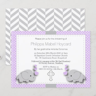 Purple & Grey Elephant 🐘 Baby - Christening Invitation