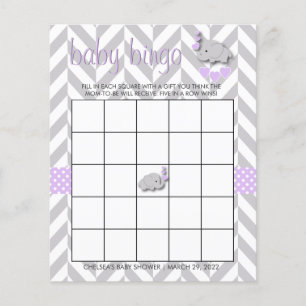 Purple & Grey Elephant Baby Shower - Bingo Flyer