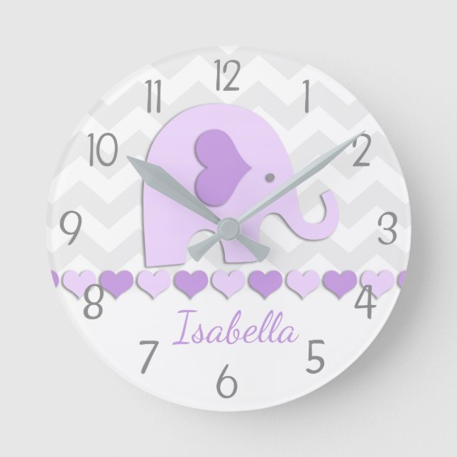 Purple Grey Elephant Nursery Wall Clock (Front)
