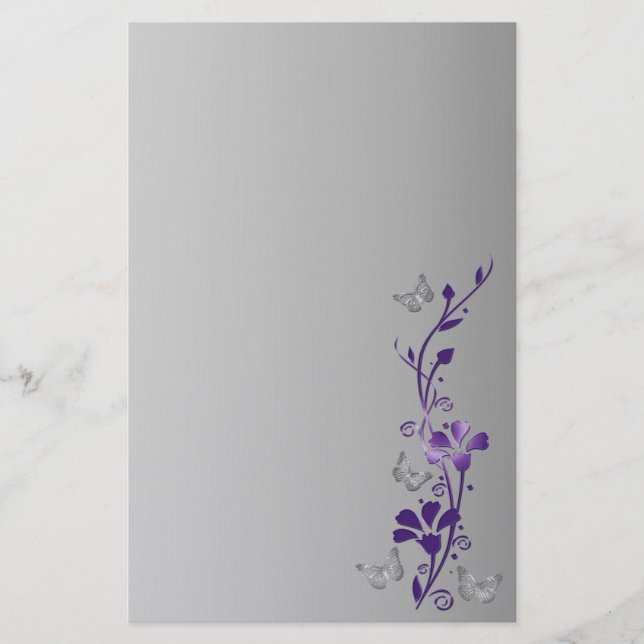 Purple, Grey Floral Butterflies Wedding Stationery (Front)