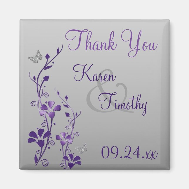 Purple Grey Floral Butterfly Wedding Favour Magnet (Front)