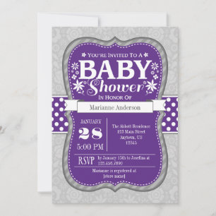 Purple Grey Floral Flower Baby Shower Invitation