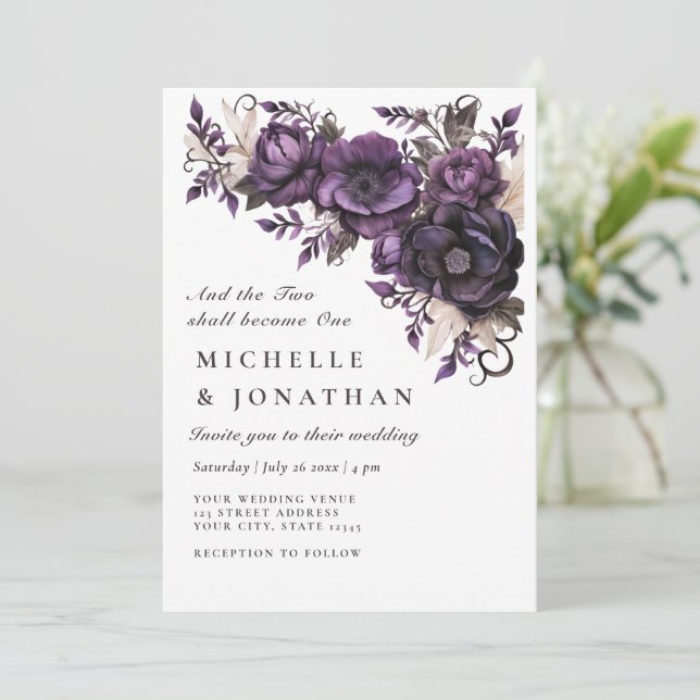 Purple Grey Floral Two Become One Bible Wedding Invitation (Standing Front)