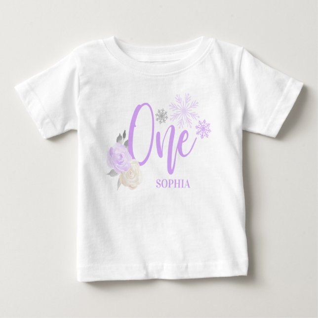 Purple Grey Floral Winter ONEderland 1st Birthday Baby T-Shirt (Front)