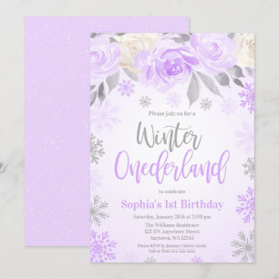 Purple Grey Floral Winter ONEderland 1st Birthday Invitation