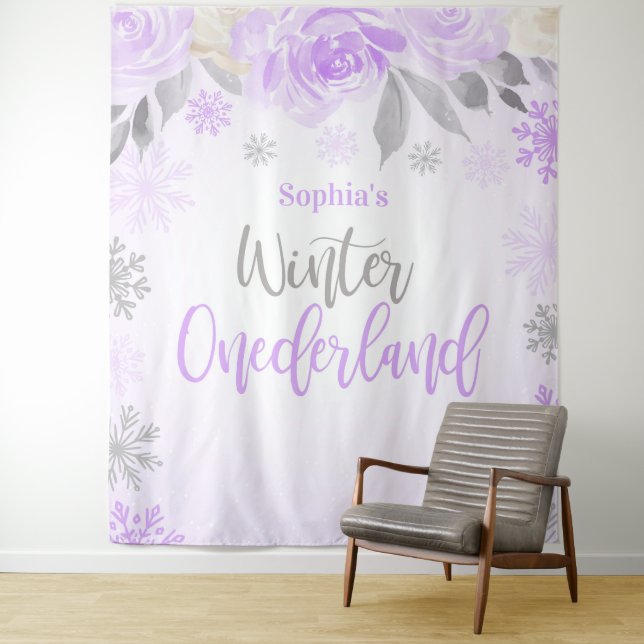 Purple Grey Floral Winter ONEderland Backdrop Tapestry (In Situ)