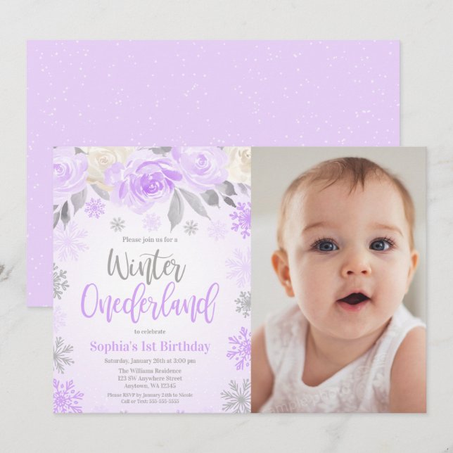 Purple Grey Floral Winter ONEderland Photo Invitation (Front/Back)