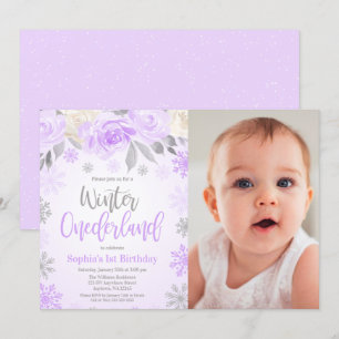 Purple Grey Floral Winter ONEderland Photo Invitation