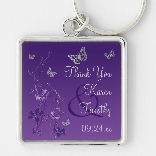 Purple, Grey Floral with Butterflies Keychain (Front)