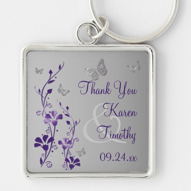 Purple, Grey Floral with Butterflies Keychain (Front)