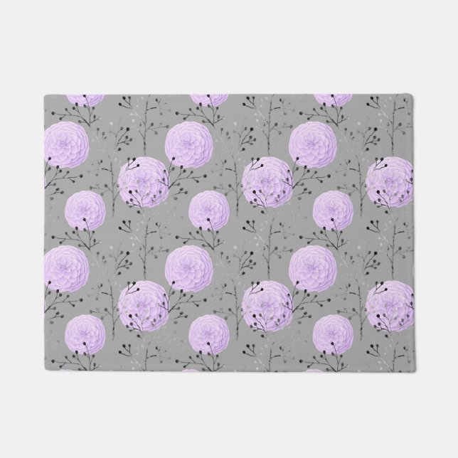Purple Grey Flower Leaves Floral Pattern Doormat (Front)