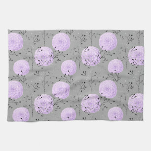 Purple Grey Flower Leaves Floral Pattern Tea Towel
