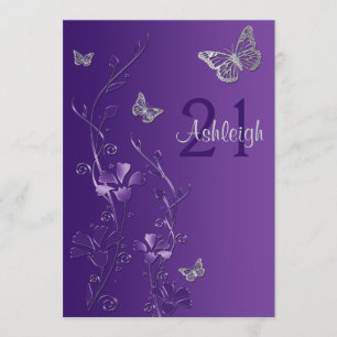 Purple, Grey Flowers & Butterflies 21st Invitation