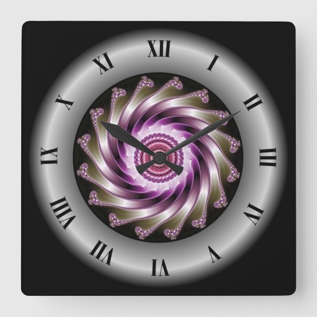 Purple Grey Fractal Spiral Design ~ Mandelbrot ~ Square Wall Clock (Front)