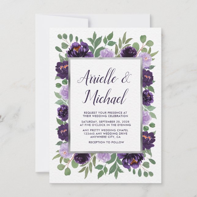 Purple Grey Garden Green Plum Wedding Invitations (Front)
