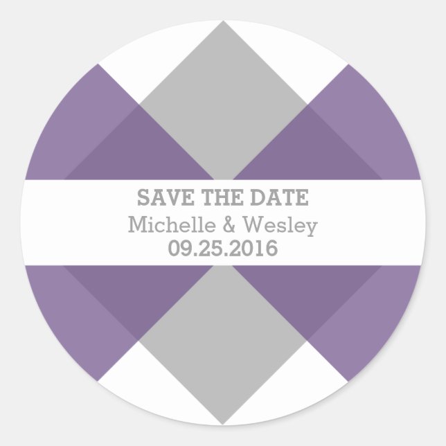 Purple Grey Geometric Triad Save the Date Stickers (Front)