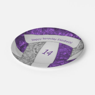 purple grey girly volleyball birthday party paper plate
