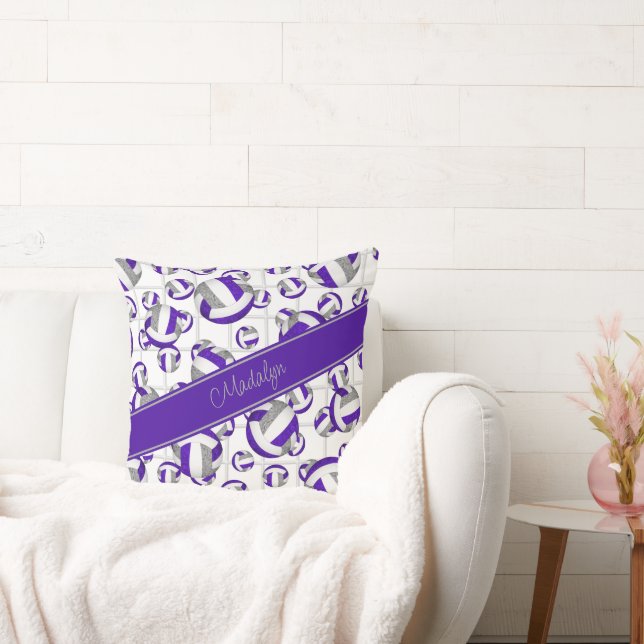 Purple grey girly volleyballs pattern net accent cushion (Couch)