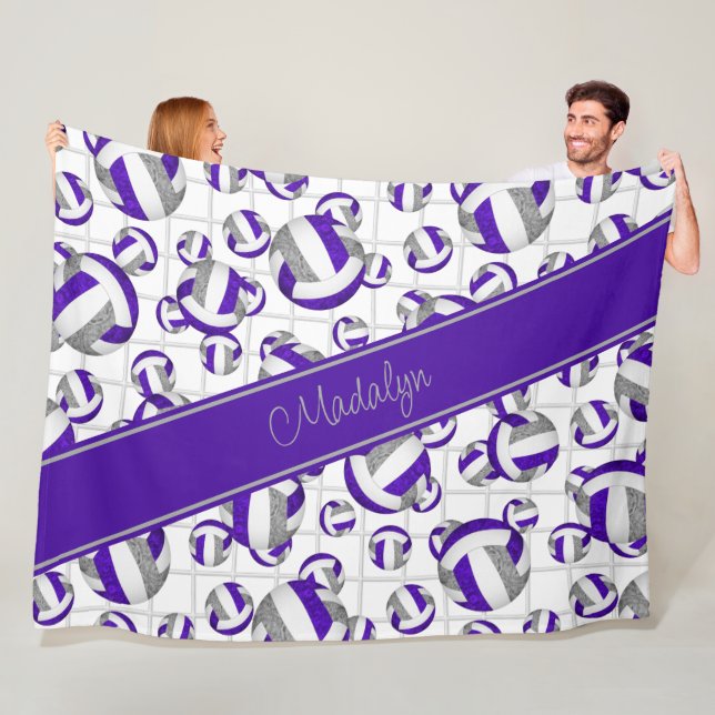 Purple grey girly volleyballs pattern net accent fleece blanket (In Situ)