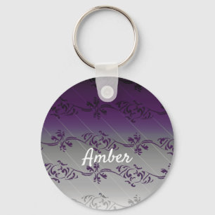 Purple Grey Gradient Floral Leaf Personalised Key Ring