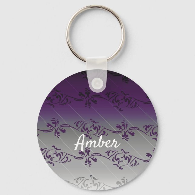 Purple Grey Gradient Floral Leaf Personalised Key Ring (Front)