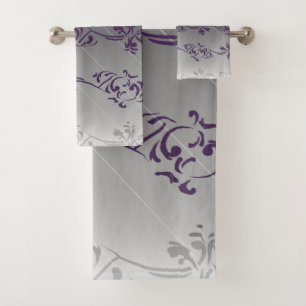Purple Grey Gradient Striped Floral Leaf Pattern Bath Towel Set