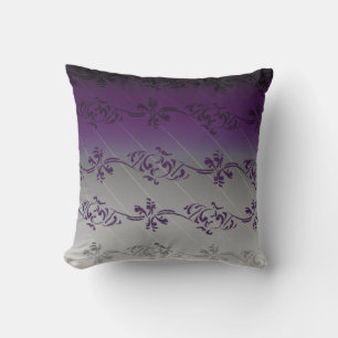 Purple Grey Gradient Striped Floral Leaf Pattern Cushion