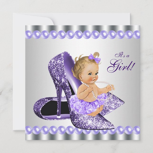 Purple Grey High Heel Shoe Baby Shower Invitation (Front)