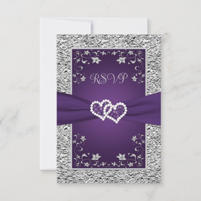 Purple, Grey Love Hearts (SMALL) Wedding RSVP (Front)
