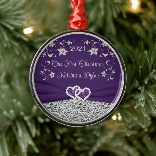 Purple, Grey Love Hearts Wedding 1st Christmas  Metal Ornament (Tree)