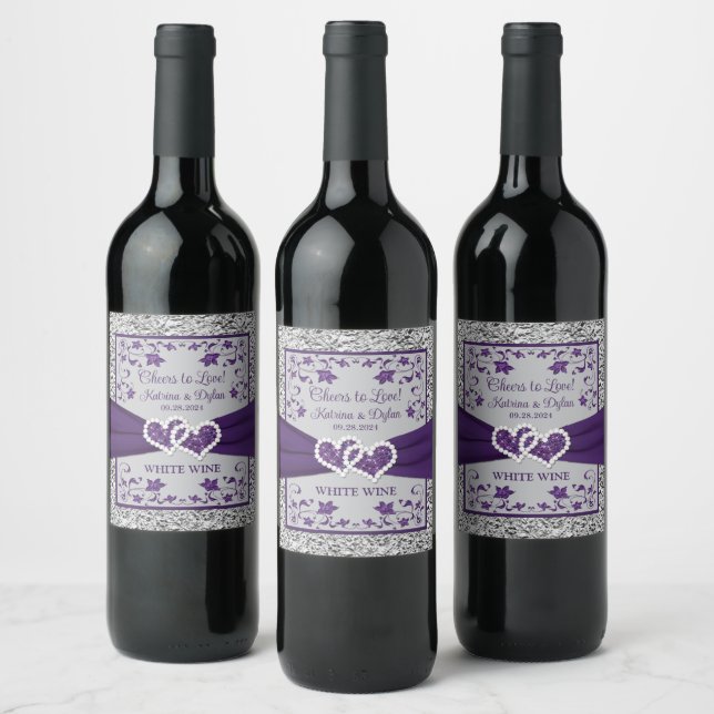 Purple, Grey Love Hearts Wedding Beverage Label 2 (Bottles)